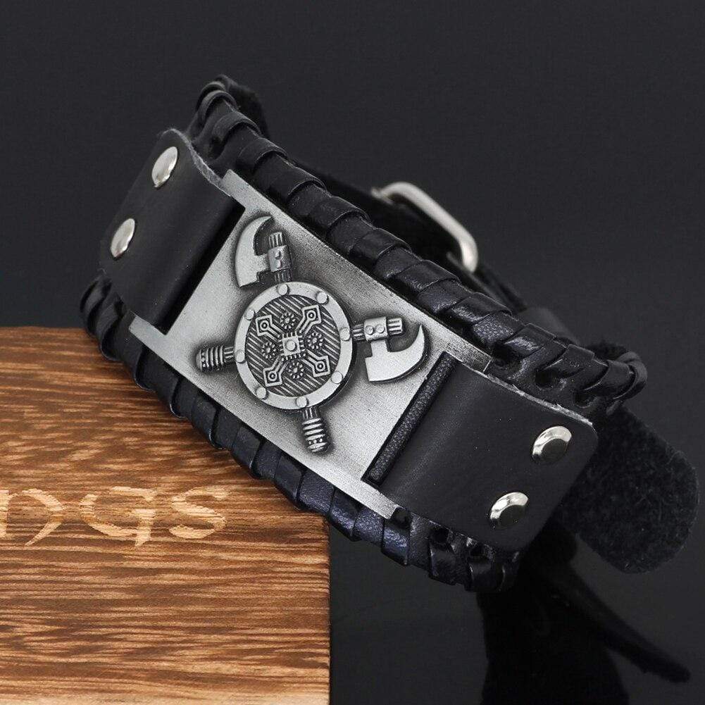 Viking leather shield bracelet