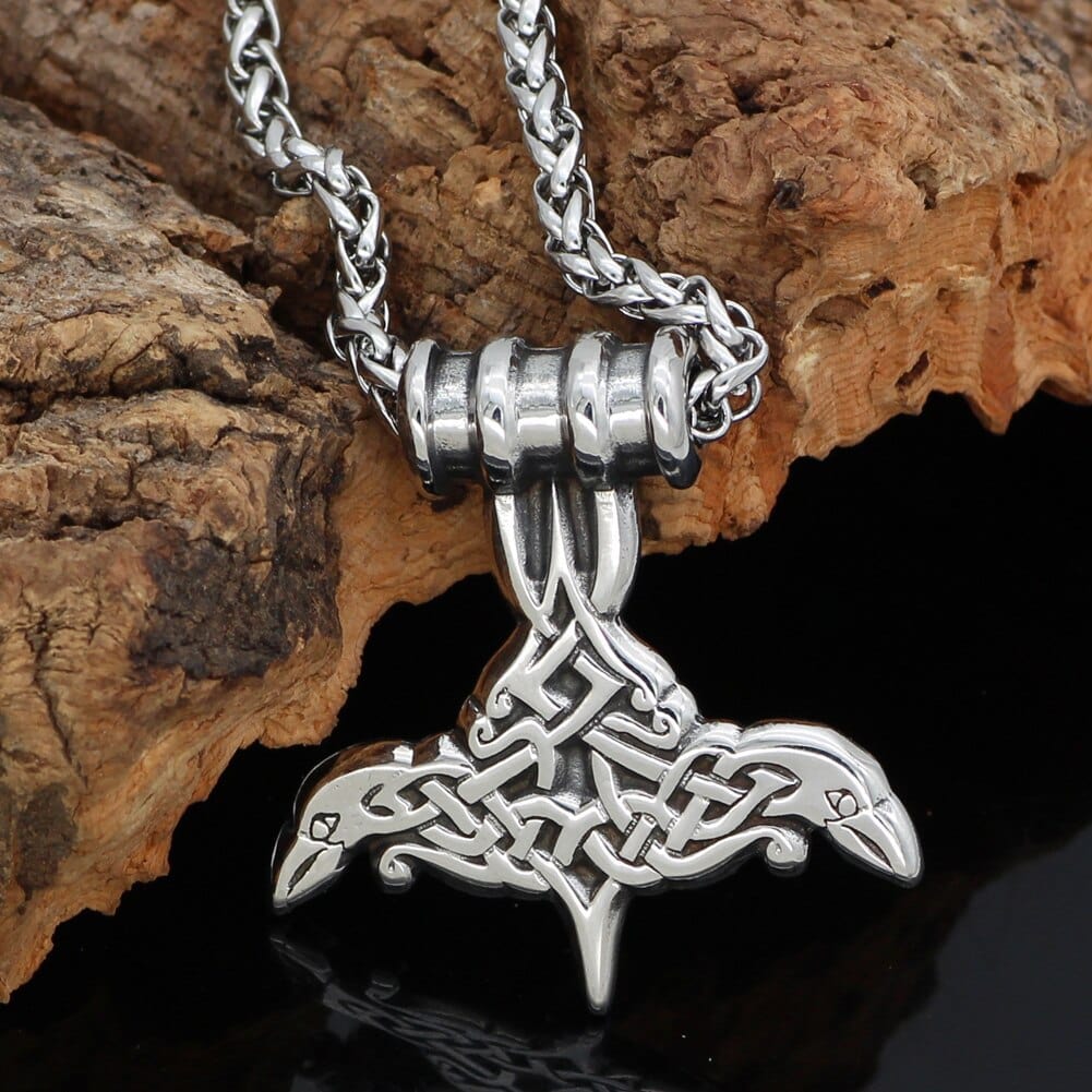 Mjolnir Necklace in the Shape of Odin's Ravens