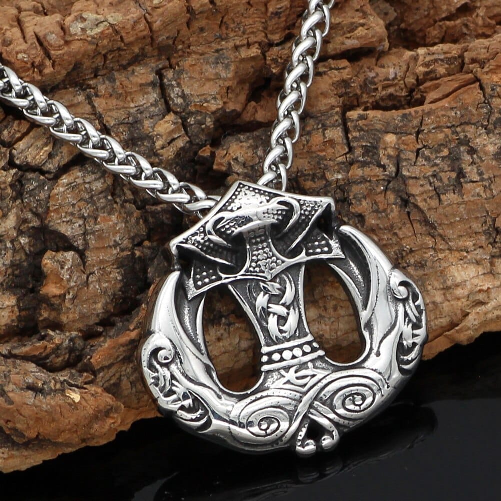 Mjolnir Necklace - Thor's Hammer with Odin's Raven Beaks
