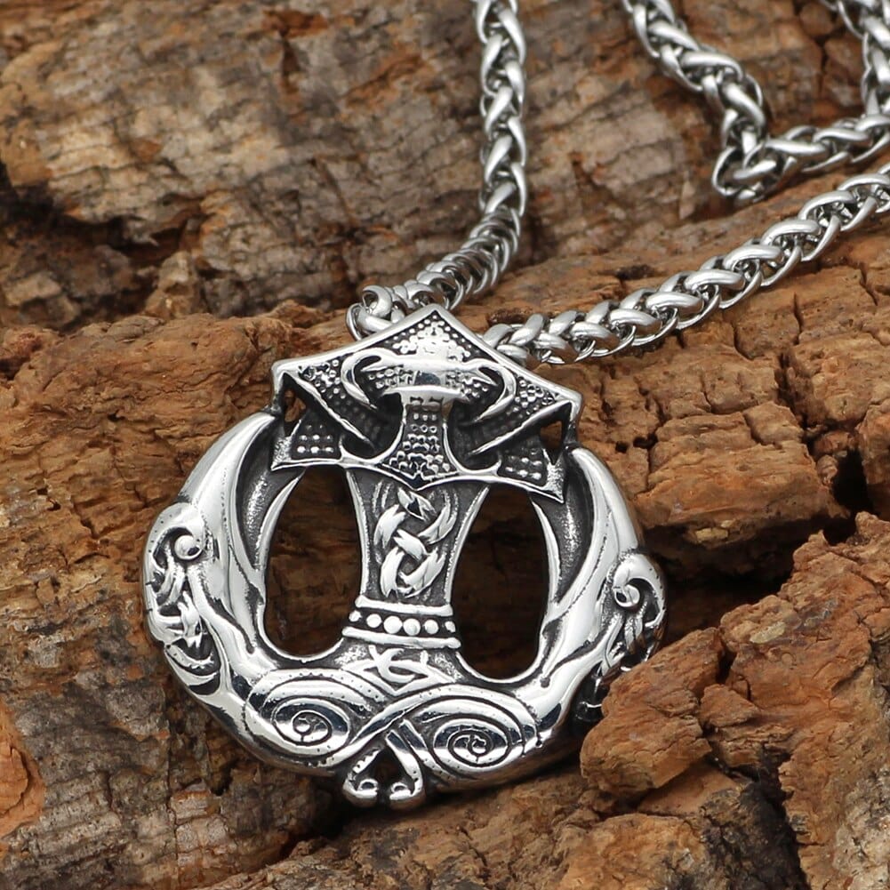 Mjolnir Necklace - Thor's Hammer with Odin's Raven Beaks
