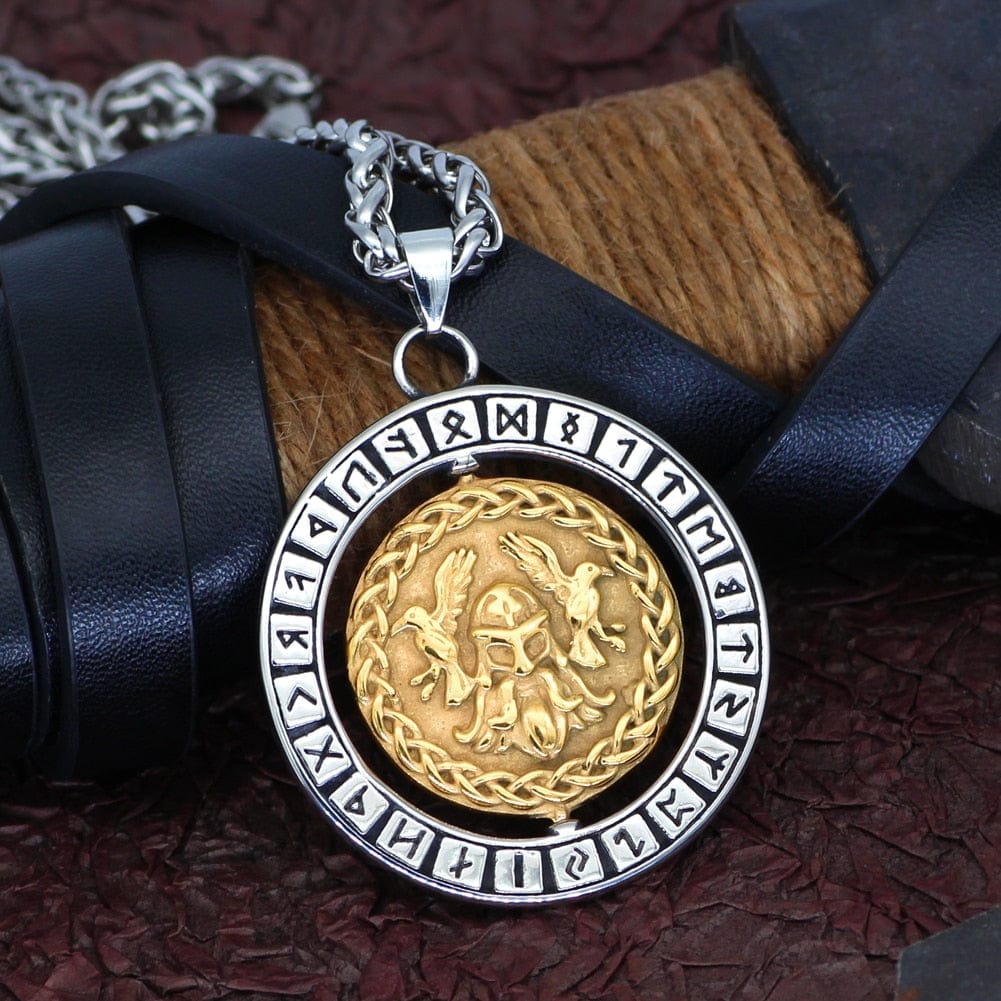 Odin face necklace accompanied by his 2 ravens