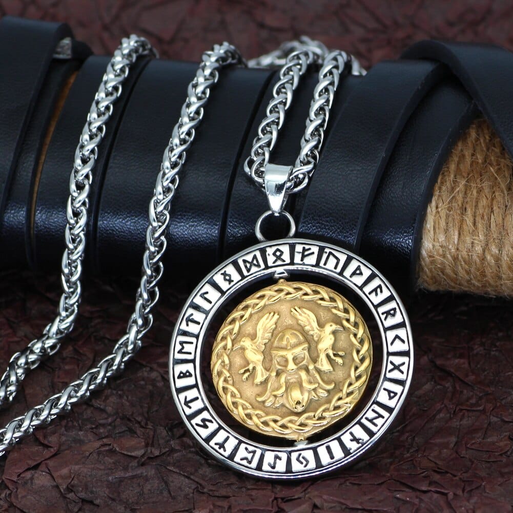 Odin face necklace accompanied by his 2 ravens
