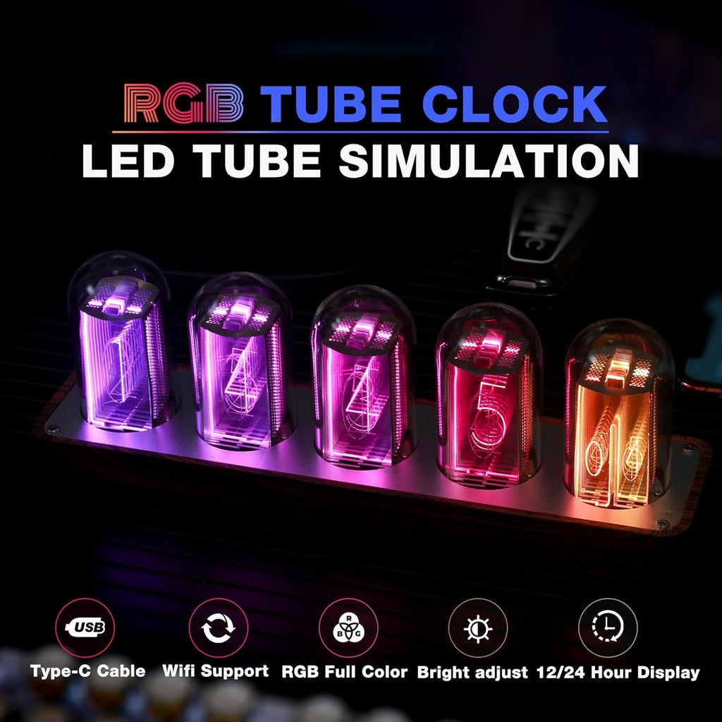 Retro LED Glow Tube Clock | Wi-Fi Synced Desktop Matrix
